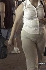 Fat blonde with a camel toe in public